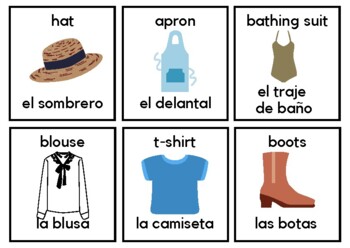 Clothing Vocabulary Cards Bilingual Spanish English Flashcards ESL