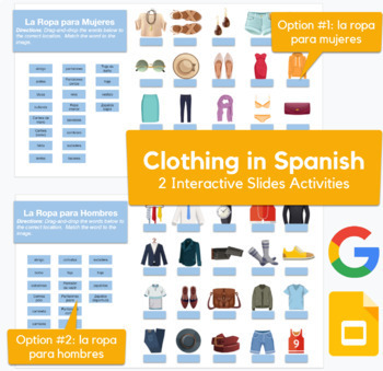 Preview of Clothing in Spanish /  La Ropa - drag-drop, labeling activities in Slides