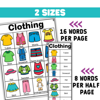 Writing Center word lists | Clothing theme by Mommy SLP | TpT