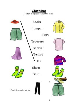 Clothing worksheet- Match and wordsearch by othmone chihab | TPT