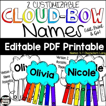Preview of Cloud-Bow Rainbow Name-Building Practice Literacy Center; Easy Editable PDF