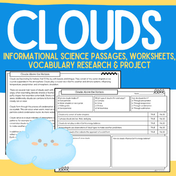 Preview of Clouds Packet:  Informational Passages, Worksheets, Vocabulary, & Research