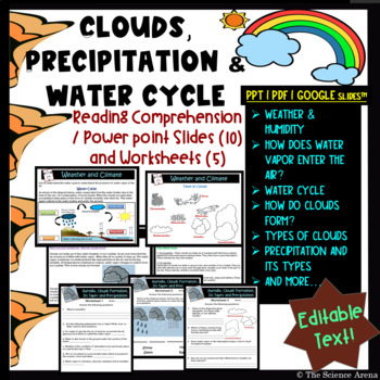 Preview of Clouds, Precipitation, Water Cycle Reading Comprehension Worksheets in 3 Formats