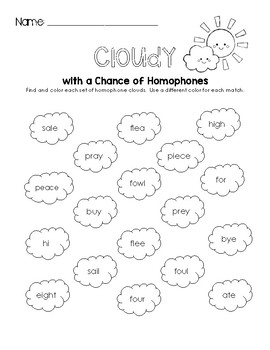 cloudy with a chance of homophones worksheet by little