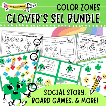 Preview of Clover's Color Zone Feeling Hunt Bundle! Story, Board Game, & SEL Worksheets