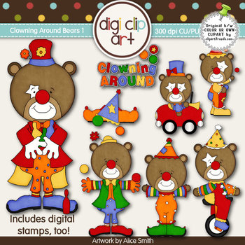 Clowning Around Bears 1 - Digi Clip Art/Digital Stamps - CU Clip Art