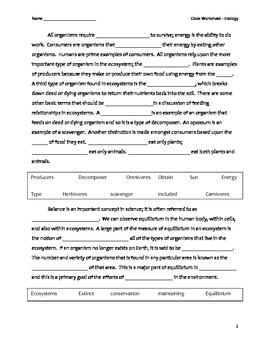 High School Ecology Cloze Worksheet - Ecology by Educator Super Store