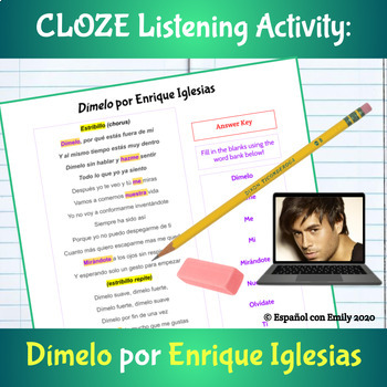 Preview of Cloze Música Listening Comprehension Activity Dimelo por Enrique Iglesias