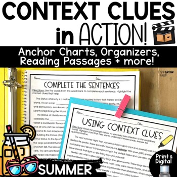 Preview of Summer Reading Passages Context Clues Worksheets Activities Anchor Charts Cloze