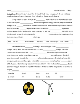 Preview of Free Middle School Science Cloze Worksheet - Forms of Energy & Transformations