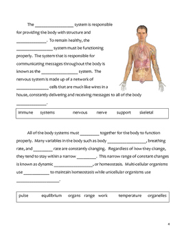 middle school biology cloze worksheet human body systems
