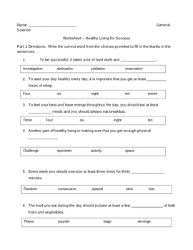 Middle School Science Cloze Worksheet - Healthy Living by Educator ...