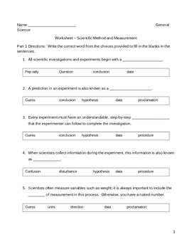 Preview of Cloze worksheet - Scientific Method and Measurement