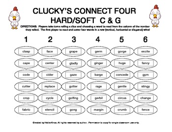 Preview of Clucky's Connect 4: Hard/Soft C & G Game- Orton Gillingham Phonics/Reading
