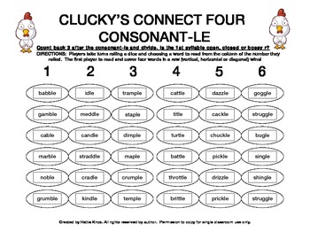 Preview of Clucky's Connect 4:Consonant-le Syllable Division Game- Orton Gillingham Phonics