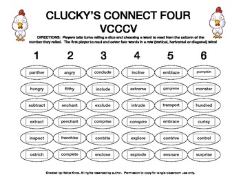Clucky's Connect 4:VCCCV Syllable Division Game-Orton Gillingham