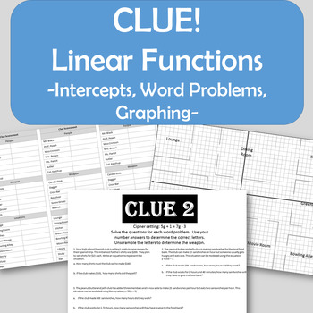 Preview of Clue! Linear Functions - Intercepts, Graphing, Word Problems