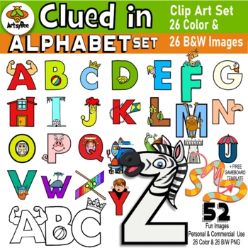 Preview of Clued In Alphabet Cartoon Set - 52+ images Color & Black and White