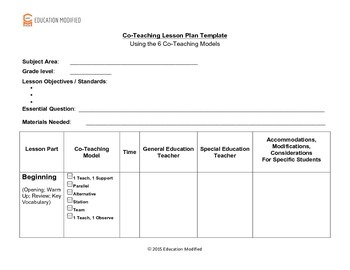 Preview of Co-Teaching Lesson Plan Template - CUSTOMIZABLE!