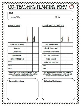 Preview of Co Teaching Planning Form