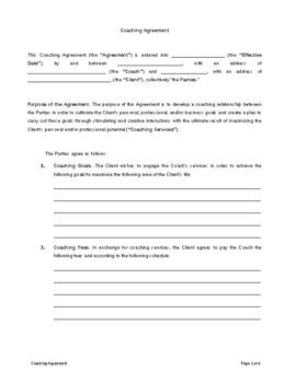 Preview of Coaching Contract Template | Simple Coaching Agreement | Coaching Services | Lif