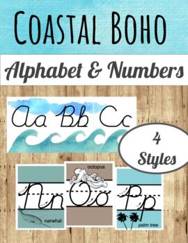 Preview of Coastal Boho Classroom Decor: EDITABLE ALPHABET AND NUMBER POSTERS