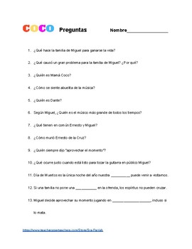Coco SPANISH movie questions by Sra Parrish | Teachers Pay Teachers