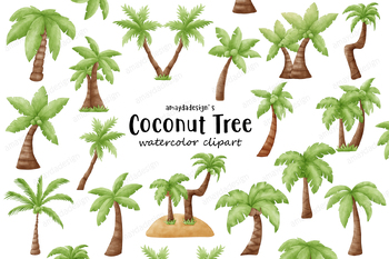Preview of Coconut Palm Tree Watercolor Clipart, coconut tree, coconut clipart