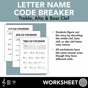 Preview of Code Breaker Music Worksheet Set for Treble Clef, Bass Clef & Alto Clef