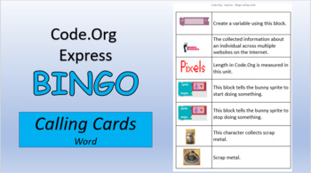 Preview of Code.Org Express Bingo - cards you “pull out of the hat” - Word