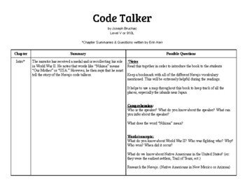 Preview of Code Talker- Chapter Summaries & Leveled Questions