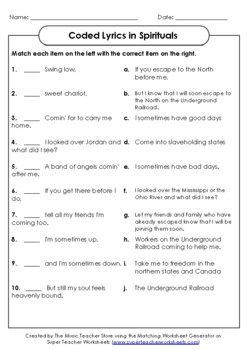 Preview of Coded Lyrics in Spirituals Matching Worksheet