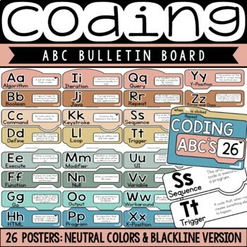 Preview of Coding Alphabet Posters with Definitions | Boho Neutral Classroom Decor