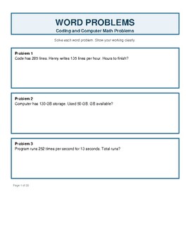 Preview of Coding and Computer Math Problems / Math Practice Worksheets For Students