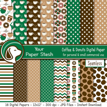 Preview of Coffee Donut Shop Digital Scrapbook Paper Backgrounds Green Chevrons & Stripes