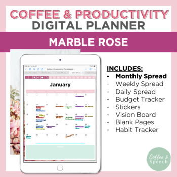 Preview of Coffee & Productivity Digital Planner | Floral Marble