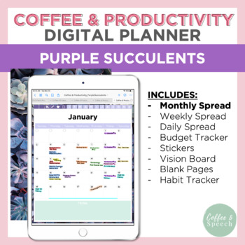 Preview of Coffee & Productivity Digital Planner | Purple Succulent