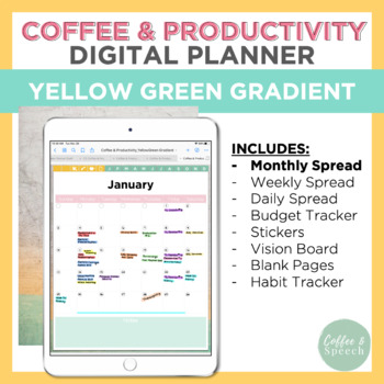 Preview of Coffee & Productivity Digital Planner | Yellow-Green Gradient