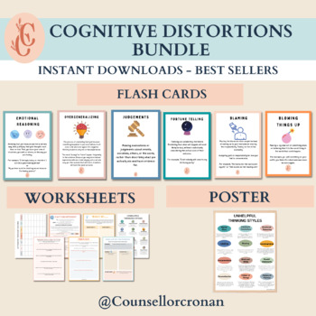 Preview of Cognitive distortion cards, cognitive distortions worksheets, unhelpful thinking