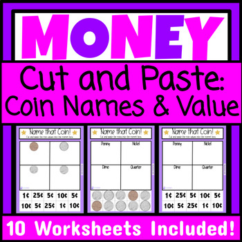 Preview of Coin Identification Cut and Paste Worksheets Identifying Coin Names and Value