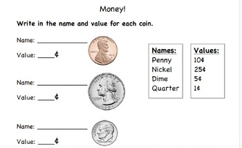 Preview of Coin Identification Worksheet/Assessment