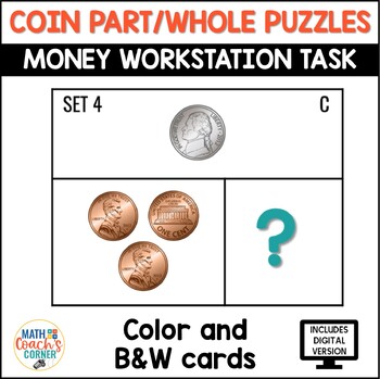 Preview of Coin Counting Puzzles Part Whole Math Center | 1st and 2nd Grade
