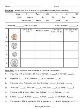 Coin Patterns Worksheet by Learning With Miss Walton | TpT