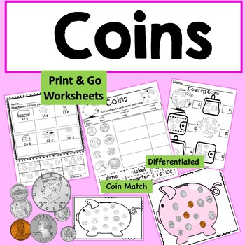 Preview of Coins for Beginners, Worksheets, Money, kindergarten, first grade, 2nd grade