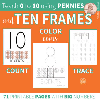 Preview of Coins Ten Frames - Count 0-10 using Pennies, Color, Trace and Write Numbers