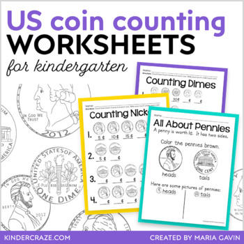Preview of Identifying & Counting Coins Worksheets for US Coins Money - Kindergarten 1st
