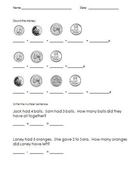Preview of Coins and simple number sentences worksheet - A