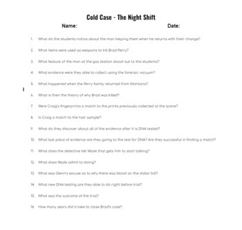 Preview of Cold Case: The Night Shift - Viewing Worksheet - Easy/No Prep - DNA Evidence