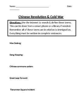 Preview of Cold War & Chinese Revolution Homework Definitions