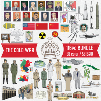 Preview of Cold War Clip Art Bundle, 116 Pieces (58 color, 58 black and white outline)